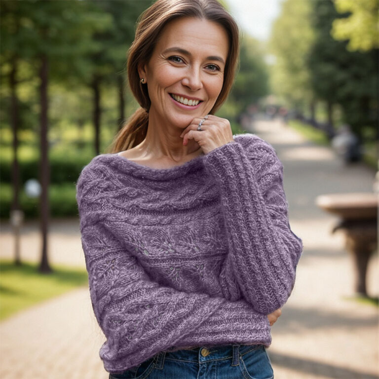 Leafy purple-colored sweater scarf